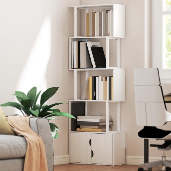 Estante de 5 Níveis em Forma de S Estante de Livros com 5 Prateleiras e 2 Portas 60x23,8x179,2 cm Branco