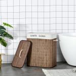 Cesto de Roupa de Bambú Capacidade de 100L Cesta para Roupa Suja Retangular com Tampa Removível Bolsa com 2 Compartimentos 52x32x63cm Marrom