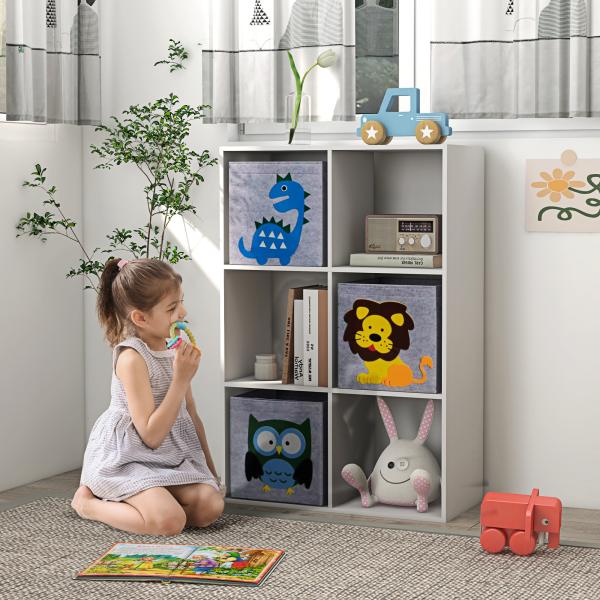 Estante para Brinquedos com 6 Compartimentos e 3 Caixas de Tecido não Tecido e Desenho de Animais 61,8x29,9x91,5 cm Branco e Cinza