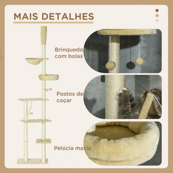 Arranhador para Gatos do Solo ao Teto de 230 - 250 cm com Altura Ajustável Múltiplas Plataformas Rede Bolas Suspensas Bege
