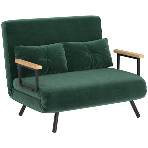 Sofá Cama Sofá Convertível em Cama de 2 Lugares Dobrável com Encosto Ajustável em 5 Níveis e 2 Almofadas 102x73x81 cm Verde