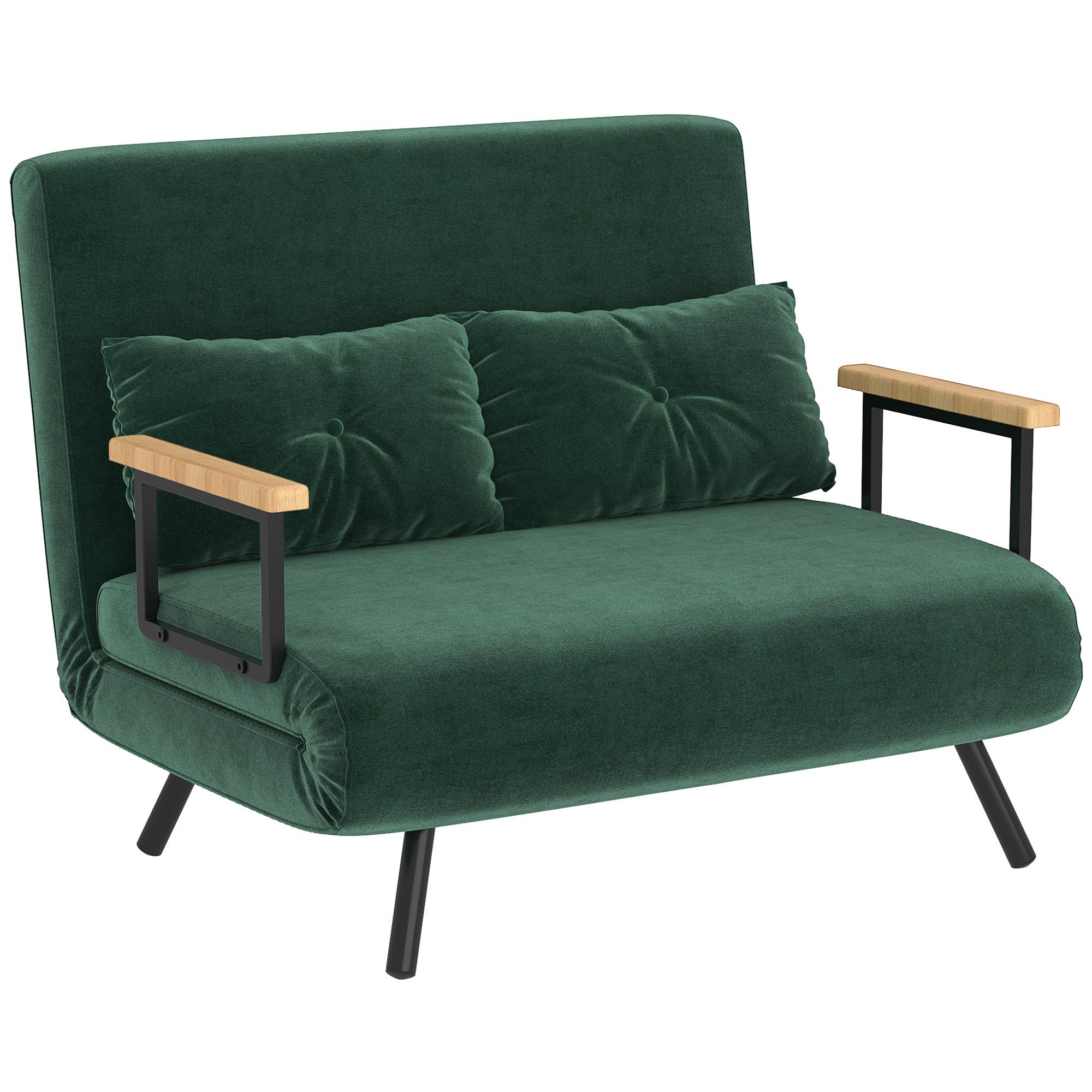 Sofá Cama Sofá Convertível em Cama de 2 Lugares Dobrável com Encosto Ajustável em 5 Níveis e 2 Almofadas 102x73x81 cm Verde