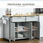 Carrinho de Cozinha com Rodas 2 Gavetas 3 Portas Prateleiras Ajustáveis e Barra para Sala de Jantar 121x46x91cm Cinza e Madeira