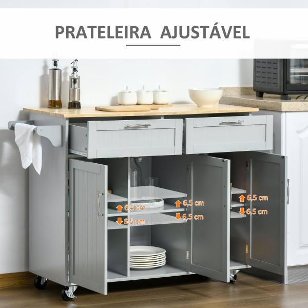Carrinho de Cozinha com Rodas 2 Gavetas 3 Portas Prateleiras Ajustáveis e Barra para Sala de Jantar 121x46x91cm Cinza e Madeira