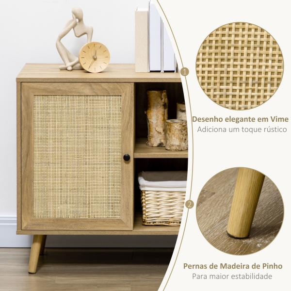 Aparador de Sala de Estar com Porta de Vime e 2 Prateleiras de Armazenamento para Sala de Estar 80x39x70cm Madeira