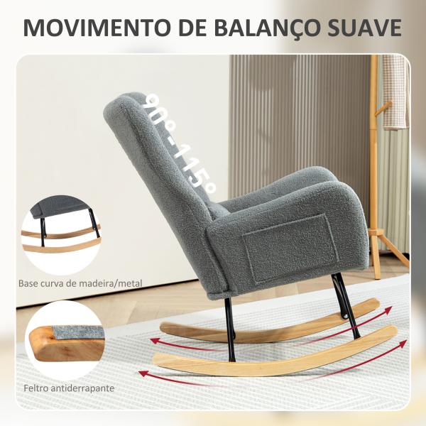 Poltrona Baloiço em Borrego Poltrona para Amamentação com Encosto Acolchoado Almofada e Base de Madeira de Borracha 67x82x100 cm Cinza