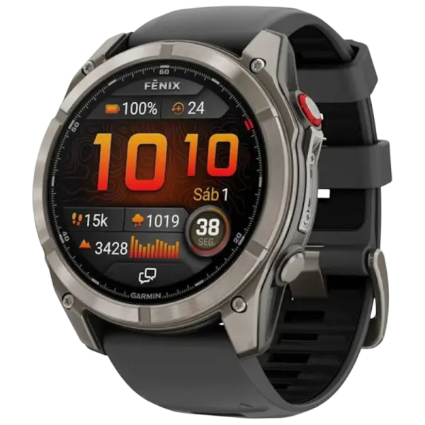 Smartwatch Fenix 8 Pro 51mm AMOLED (Cinzento Titânio Safira c/ Bracelete Preta em Silicone) - GARMIN