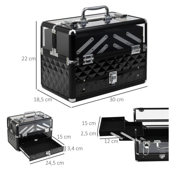 Estojo de Maquilhagem Organizador de Cosméticos Portátil com Múltiplos Níveis Alça e Bandejas 30x18,5x22 cm Preto e Transparente