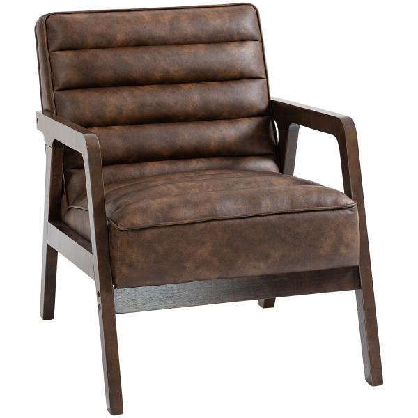 Poltrona Vintage Estofada em Couro Sintético com Almofada Espessa Estrutura em Madeira Maciça 64x79,5x80 cm Castanho