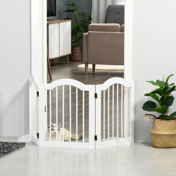 Barreira de Segurança Dobrável para Cães Pequenos Barreira de Proteção para Animais de Estimação com 3 Painéis e 2 Suportes para Portas Escadas Corredores 154,5x29,5x61 Branco