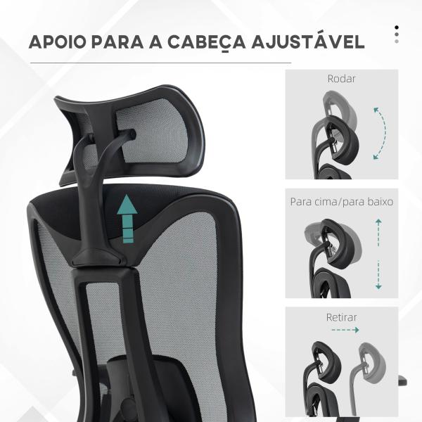 Cadeira de Escritório de Malha Reclinável com Apoio para a Cabeça Ajustável e Suporte Lombar 70x66x120 - 128 cm Preto