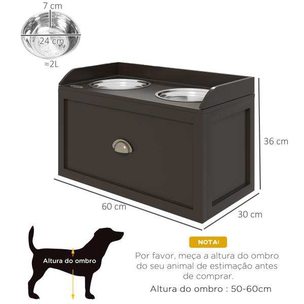 Comedouro Elevado para Cães com 2 Tigelas 2000ml de Aço Inoxidável Gaveta Oculta com Suporte de Madeira 60x30x36cm Marrom Escuro