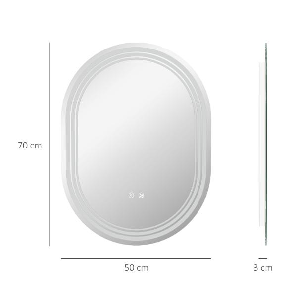 Espelho Casa de Banho com Iluminação 70x50 cm Espelho de Parede com 3 Cores de Luz Brilho Ajustável Função Anti - Embaciamento Função Memória