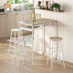 Conjunto de Móvel Bar com Mesa Alta e 2 Bancos com Prateleira de Armazenamento e Estrutura de Metal 80x50x90cm Branco e Madeira