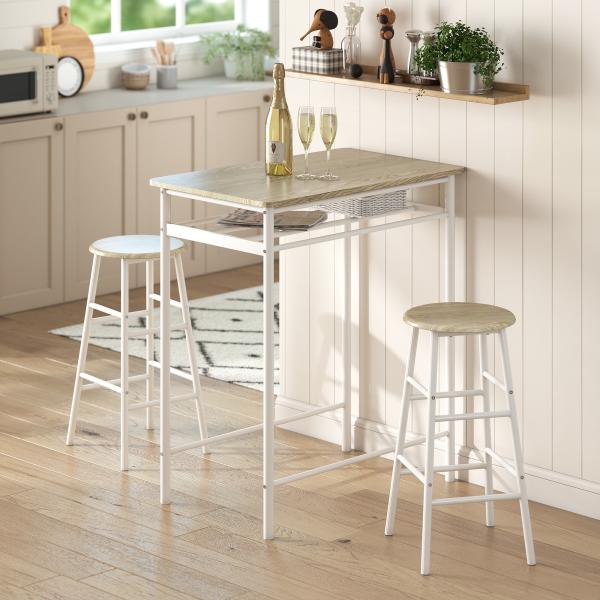 Conjunto de Móvel Bar com Mesa Alta e 2 Bancos com Prateleira de Armazenamento e Estrutura de Metal 80x50x90cm Branco e Madeira