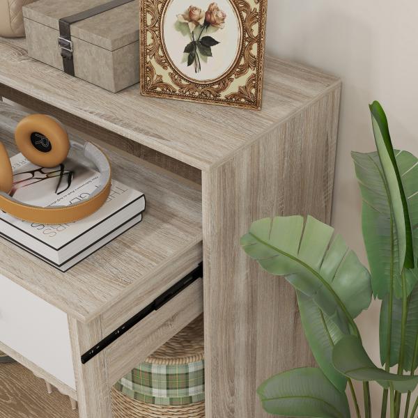 Mesa Consola de Entrada de 2 Níveis com Trilhos Deslizantes 2 Gavetas 2 Rodas Móvel de Entrada 95x35x87 cm Madeira e Branco
