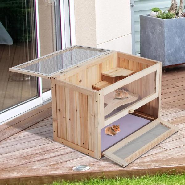 Gaiola de madeira para hamsters e outros pequenos roedores Casa para animais de 2 níveis 60x35x42cm