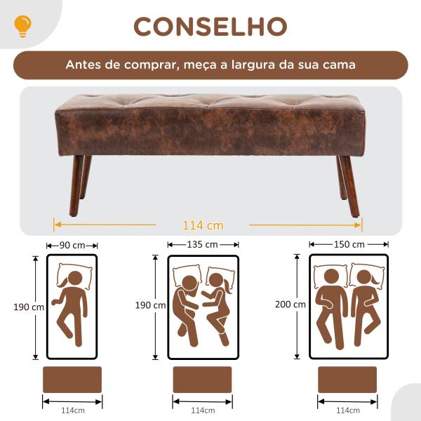 Banco de Pé de Cama Multifuncional Clássico Banco Dormitório com Pés de Madeira e Assento Acolchoado 114x38x42 cm Marrom