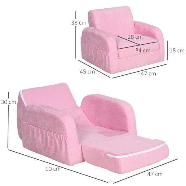 Poltrona Infantil Poltrona 2 em 1 para Crianças Dobrável em 2 Posições com Apoio de Braços e Assento Acolchoado 47x45x38cm Rosa