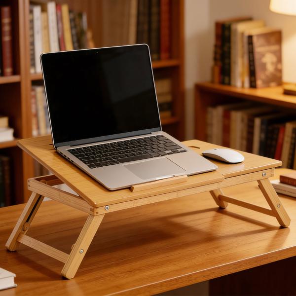 Mesa de Computador Portátil Bambu Dobrável Reclinado Altura ajustável Suporte Mesa de volta 1 Gaveta 55x35x22 - 30cm