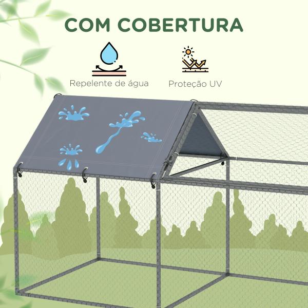 Gaiola para Pequenos Animais de Aço com 1 Porta Superior e Cobertura Anti - UV para Exterior Jardim 198x100x120 cm Prata