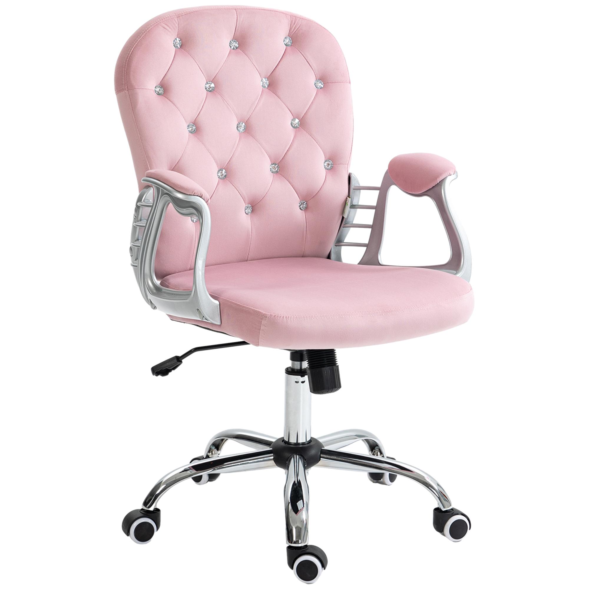 Cadeira de Escritório Estofada em Veludo Cadeira Giratória com Altura Ajustável e Decorações de Cristal 59,5x60,5x103 cm Rosa