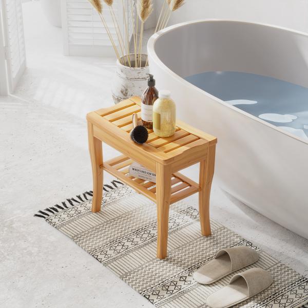 Banco para Casa de Banho de Bambu com Prateleira de Arrumação Antiderrapante Impermeável e Resistente 47,5x26x44,5 cm Madeira