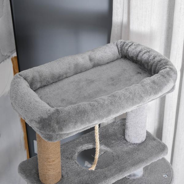 Árvore Arranhador para Gatos com Plataforma Caverna Rede postes de Juta Corda e Bola Suspensa 48x48x120 cm Cinza