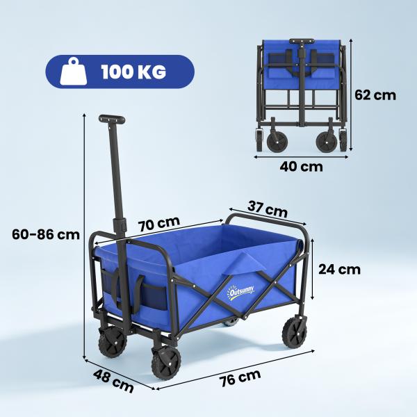 Carrinho de Transporte com Rodas Carrinho de Jardim Dobrável com Pega Telescópica Ajustável 2 Bolsas de Arrumação 64x42x27 cm Azul