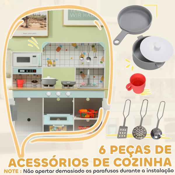 Cozinha de Madeira para Crianças com Sons Lavatório Micro - Ondas Máquina de Gelo e Acessórios 88,6x31,7x90,4 cm Branco