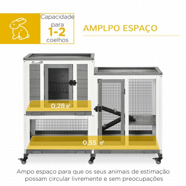 Coelheira de Madeira Interior Gaiola para Coelhos de 2 Níveis com Rodas 2 Rampas 3 Bandejas Amovíveis 110x50x86 cm Cinza