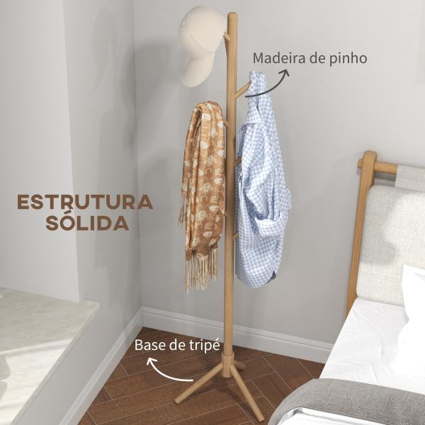 Cabide de Pé de Madeira com 8 Ganchos para Pendurar Roupa e Bolsas Forma de Árvore para Corredor Entrada 40x40x165 cm Natural