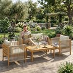 Conjunto de Móveis de Jardim de 4 Peças com Sofá de 2 Lugares 2 Poltronas Mesa de Madeira Almofadas e Corda de PP Madeira e Bege