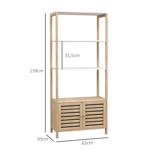 Estante para Casa de Banho de Bambu com 3 Prateleiras Abertas Estante de Arrumação Casa de Banho com Portas Ripadas 63x30x138 cm Madeira e Branco