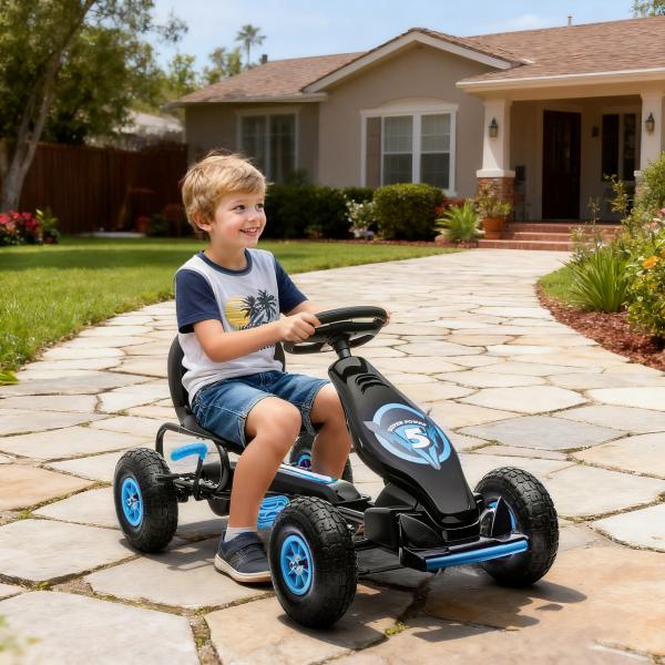 Kart a Pedais para Crianças 5 - 12 Anos com Assento Ajustável Pneus Insufláveis Amortecimento e Travão de Mão 121x58x61cm Azul