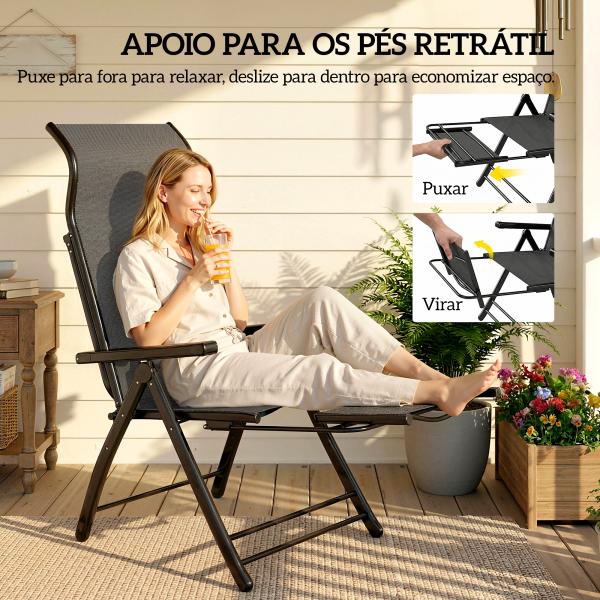 Conjunto de 2 Cadeiras Dobráveis Reclináveis de Jardim Exterior com Encosto Alto Ajustável em 5 Posições Apoio para Pés Cinza Escuro