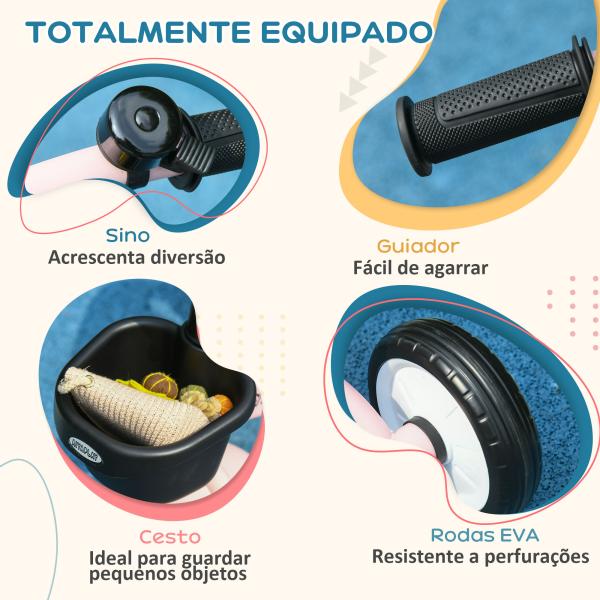 Triciclo para Crianças de 2 a 5 anos com Assento Ajustável Cesta Buzina e Pedais e 3 Rodas 70,5x53x58 cm Rosa