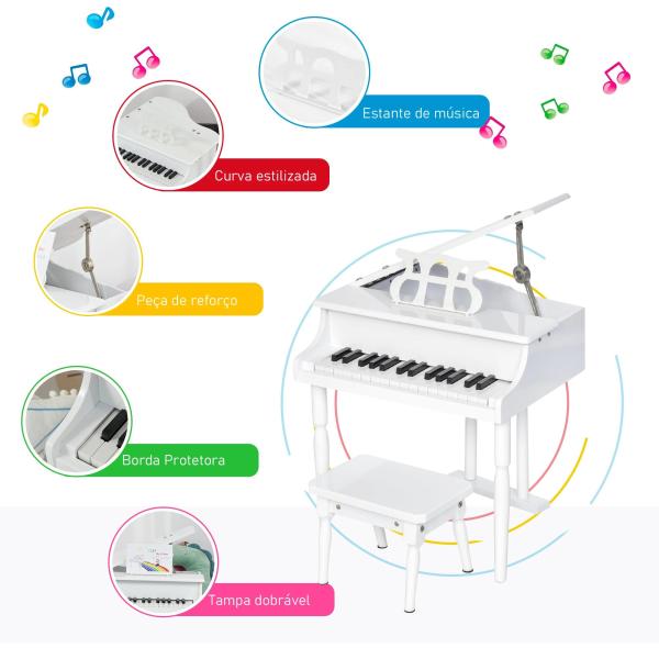 Piano de Cauda Infantil com 30 Teclas Banco Suporte de Partituras Piano para Crianças de MDF Instrumento Musical Educativo 52x50x49cm Branco