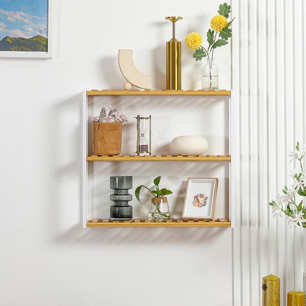 Estante de Parede de Bambu de 3 Níveis Estante Suspensa para Sala de Estar Dormitório Cozinha 60x15x54cm Madeira e Branco