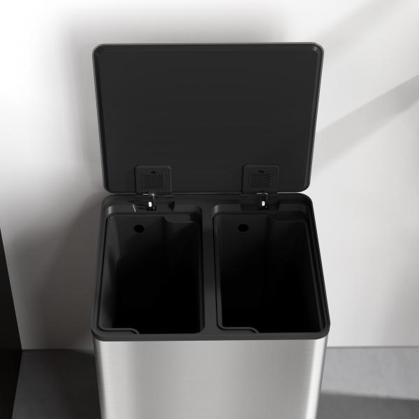 Balde de Lixo de Cozinha com 2 Compartimentos 2x30L Pedal Fechamento Suave e Cubo Amovível Prata