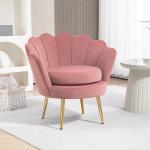 Poltrona de Sala Estofada em Veludo com Encosto em Forma de Concha e Pernas Douradas 76x67x74 cm Rosa