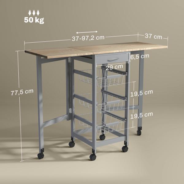 Carrinho Auxiliar Dobrável Carrinho de Cozinha com 6 Rodas 1 Gaveta e 3 Cestos de Metal 97,2x37x77,5 cm Cinza e Carvalho