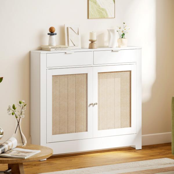 Cobertura para Radiador com Portas Rebatíveis e Vime Proteção Radiador de MDF 111x19x95,5 cm com Compartimento Desenho Boémio Branco