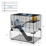 Gaiola para Hamster com Fundo de Vidro Plataformas Comedouro Bebedouro Casa Rampas e Roda de Exercício 60x40x54,5 cm Preto