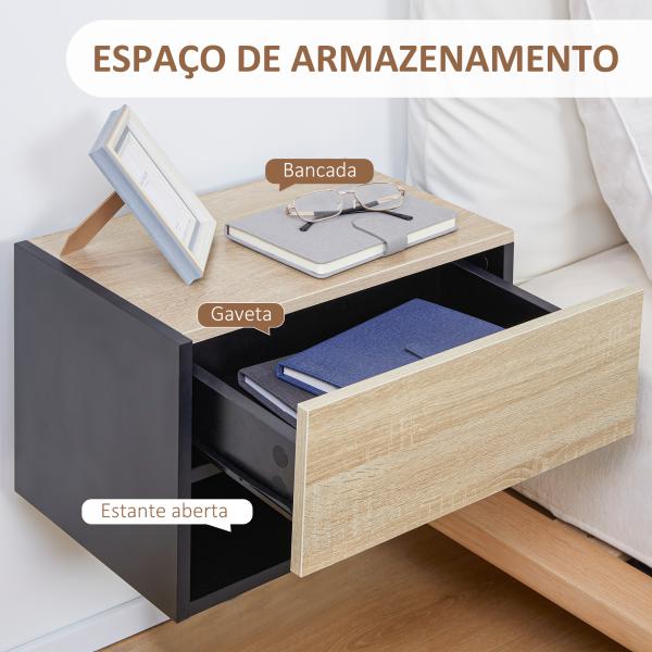 Conjunto de 2 Mesas de Cabeceira Flutuantes com 1 Gaveta e Prateleira Aberta 46x30x30 cm Carvalho e Preto