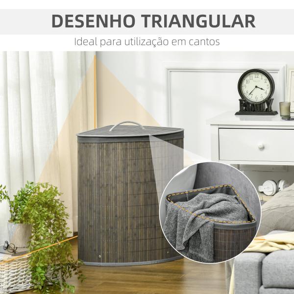 Cesto de Roupa de Bambu Capacidade de 55L Cesto para Roupa Suja com Tampa e Bolsa Amovível 38x38x57 cm Cinza