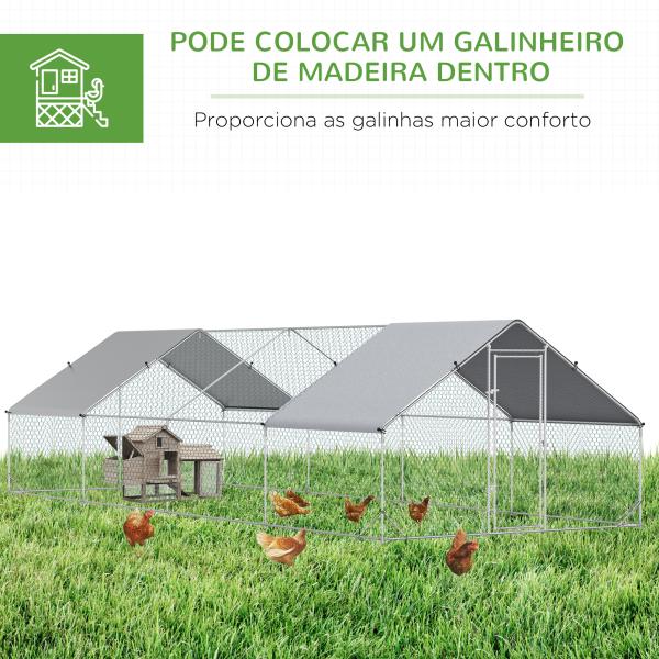 Galinheiro Exterior Grande 24 m² Gaiola para 16 - 24 Galinhas 3x8x2 m Galinheiro de Aço Galvanizado com Cobertura de PE e Porta com Fecho para Patos e Coelhos Prateado