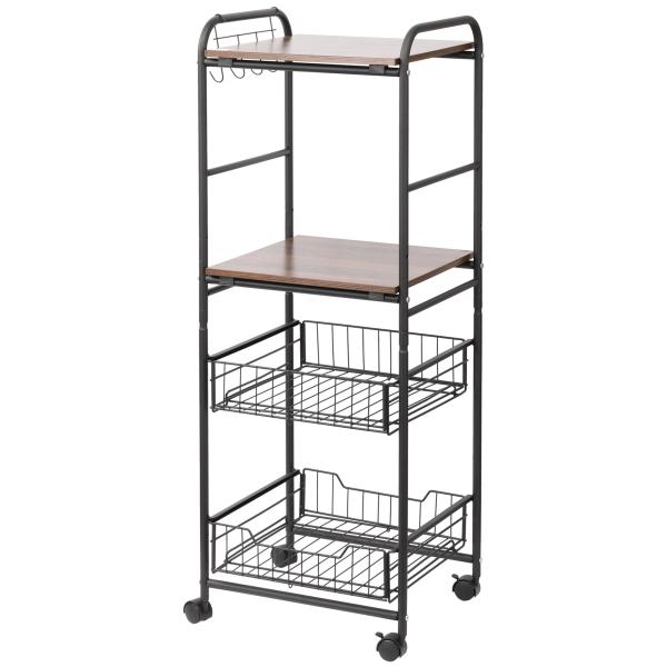 Carro de Cozinha com Rodas Carrinho Auxiliar de Armazenamento com 2 Prateleiras 2 Cestas Removíveis 4 Ganchos 40x38x111cm Nogueira e Preto