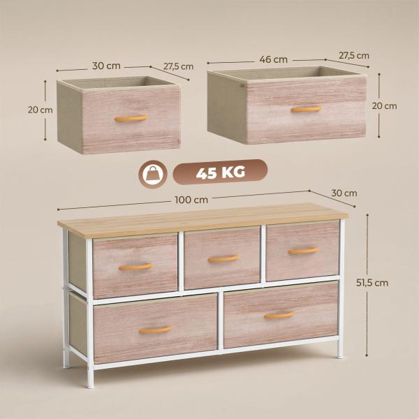 Cómoda com 5 Gavetas de Tecido Cómoda para Quarto Estrutura Metálica 100x30x51.5 cm Madeira e Branco