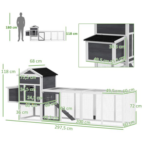 Galinheiro de Madeira 297,5x68x118cm para 3 - 6 Galinhas com Teto Asfáltico Porta com Trava e Caixa Ninho Branco e Cinza